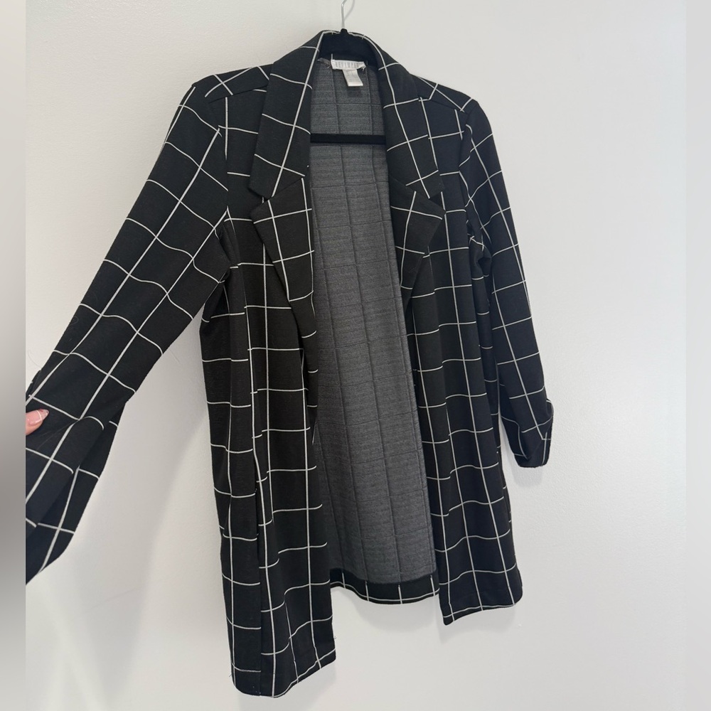 Black Windowpane Blazer Oversized | Work Office Chic Lightweight Jacket S/M - Picture 2 of 5